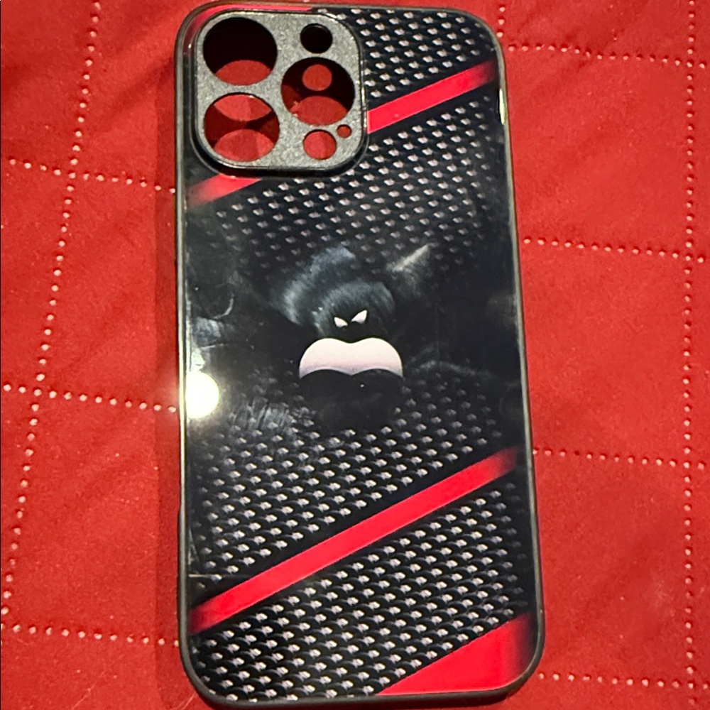 Black & Red Case- iPhone 16 Pro Max Tempered Glass Back w/ Carbon Fiber Pattern